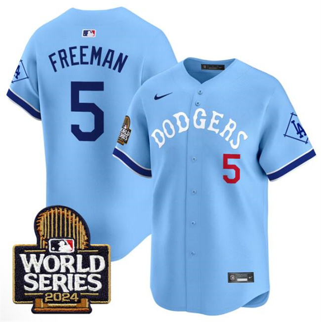 Men's Blue Los Angeles Dodgers #5 Freddie Freeman With 2024 World Series Patch Vapor Premier Limited Stitched Baseball Jersey